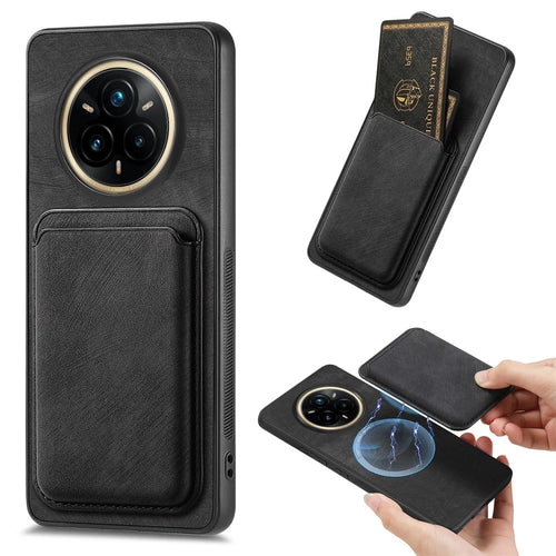 For Realme 14 Pro 5G Magnetic Case Leather Back Cover with Detachable Card Holder - Black - 1