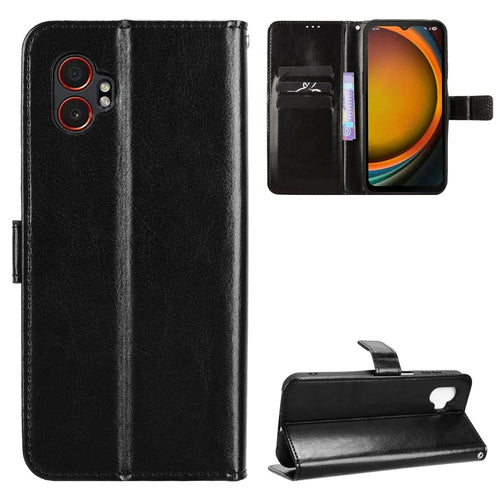 For Samsung Galaxy XCover7 Pro PU Leather Case with Strap Crazy Horse Texture Phone Wallet Cover - Black - 1