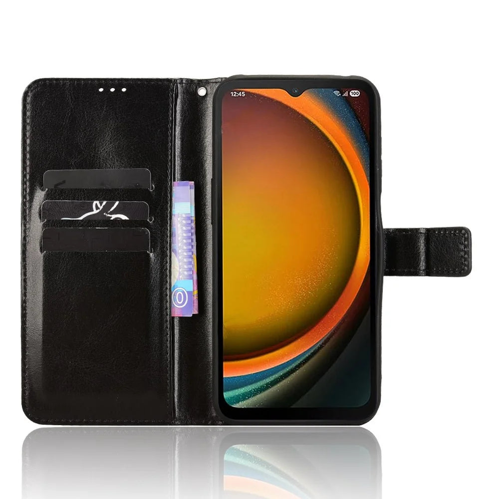 For Samsung Galaxy XCover7 Pro PU Leather Case with Strap Crazy Horse Texture Phone Wallet Cover - Black - 5