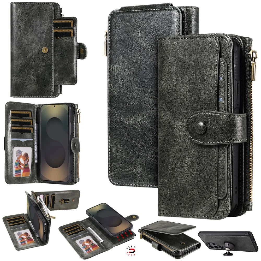 For Samsung Galaxy S25 Ultra Phone Case PU Leather Zipper Wallet Detachable Cover - Green - 1