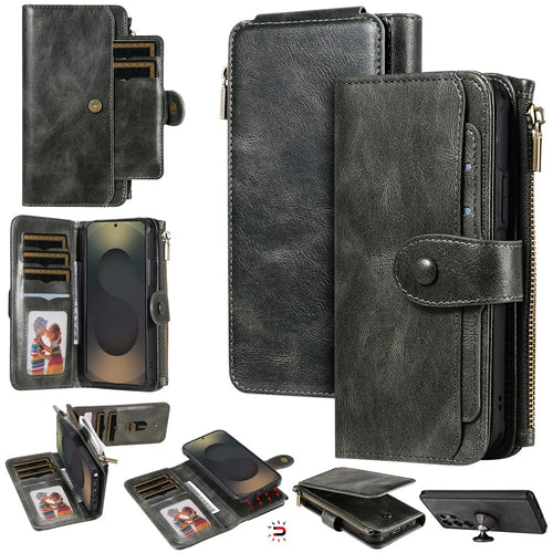 For Samsung Galaxy S25 Ultra Phone Case PU Leather Zipper Wallet Detachable Cover - Green - 1