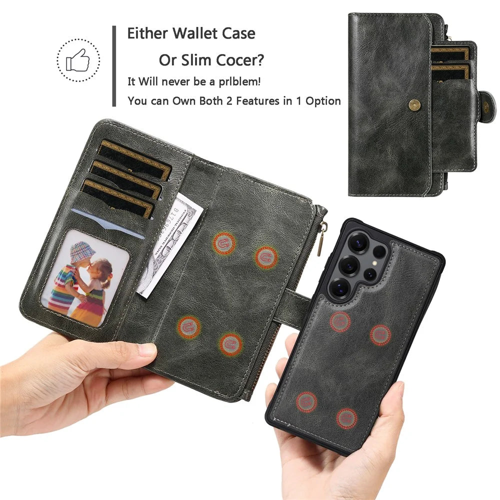 For Samsung Galaxy S25 Ultra Phone Case PU Leather Zipper Wallet Detachable Cover - Green - 3
