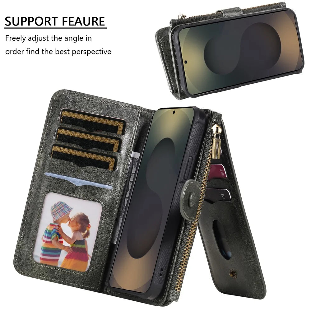 For Samsung Galaxy S25 Ultra Phone Case PU Leather Zipper Wallet Detachable Cover - Green - 4