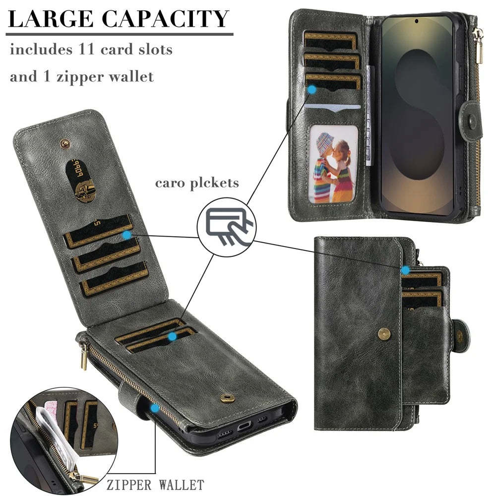 For Samsung Galaxy S25 Ultra Phone Case PU Leather Zipper Wallet Detachable Cover - Green - 5