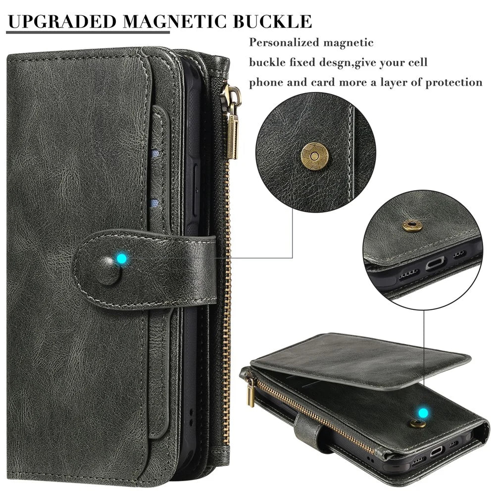 For Samsung Galaxy S25 Ultra Phone Case PU Leather Zipper Wallet Detachable Cover - Green - 6
