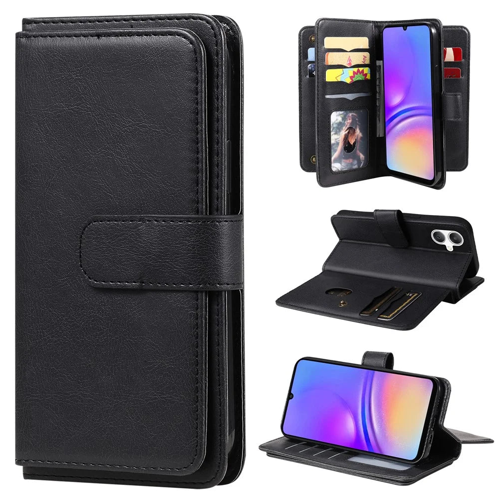 For Samsung Galaxy A08 5G / A08 4G / A07 4G / A06 4G / A06 5G Leather Case with 10 Card Holder Phone Cover Stand - Black - 1