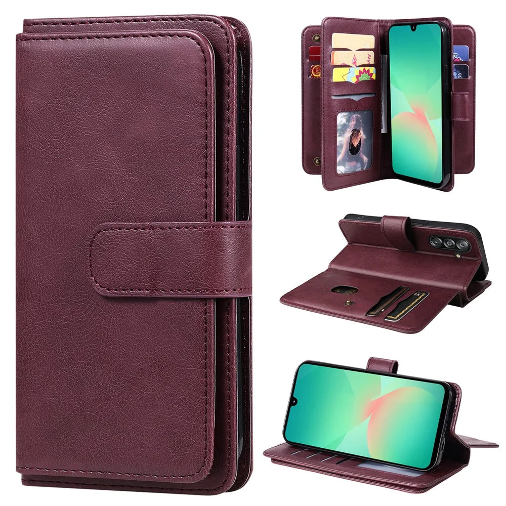 For Samsung Galaxy A18 5G / A17 5G / A17 4G / A26 5G / A16 5G / A16 4G Leather Case with 10 Card Holder Phone Cover Stand - Wine Red - 1