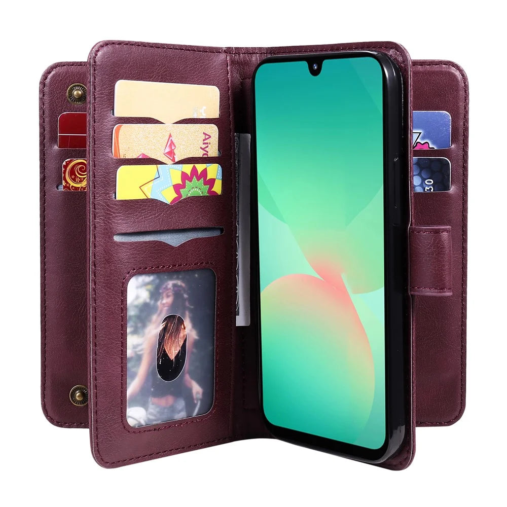 For Samsung Galaxy A18 5G / A17 5G / A17 4G / A26 5G / A16 5G / A16 4G Leather Case with 10 Card Holder Phone Cover Stand - Wine Red - 3