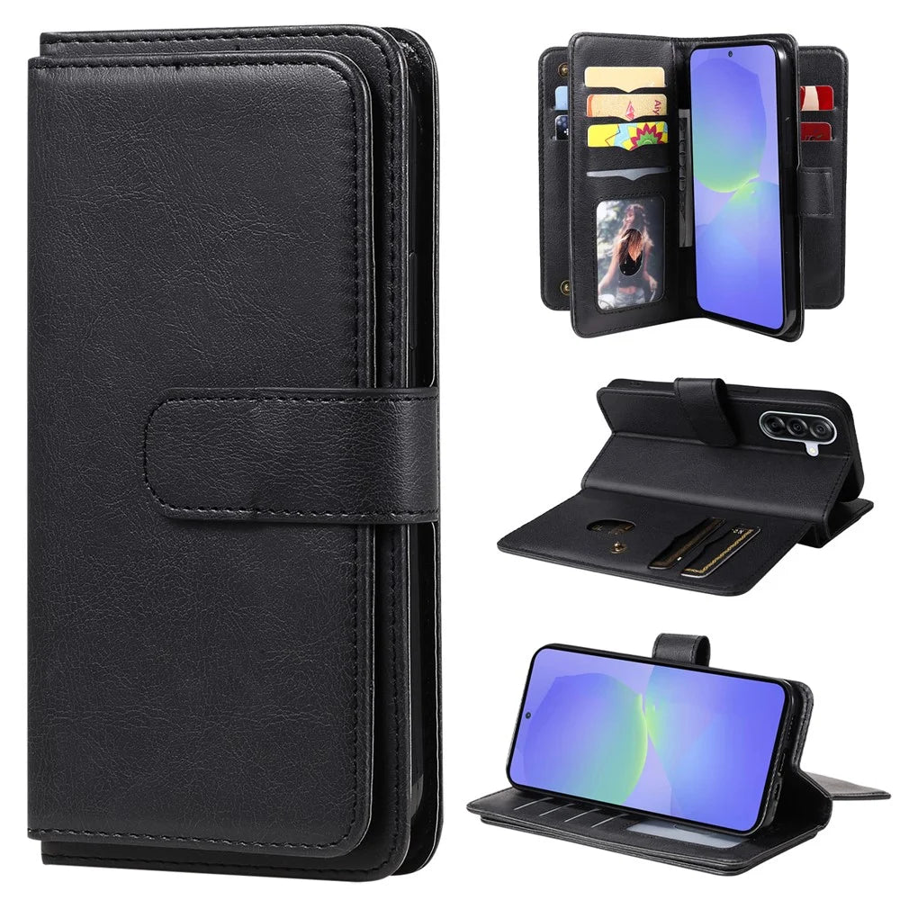 For Samsung Galaxy A36 5G Leather Case with 10 Card Holder Phone Cover Stand - Black - 1