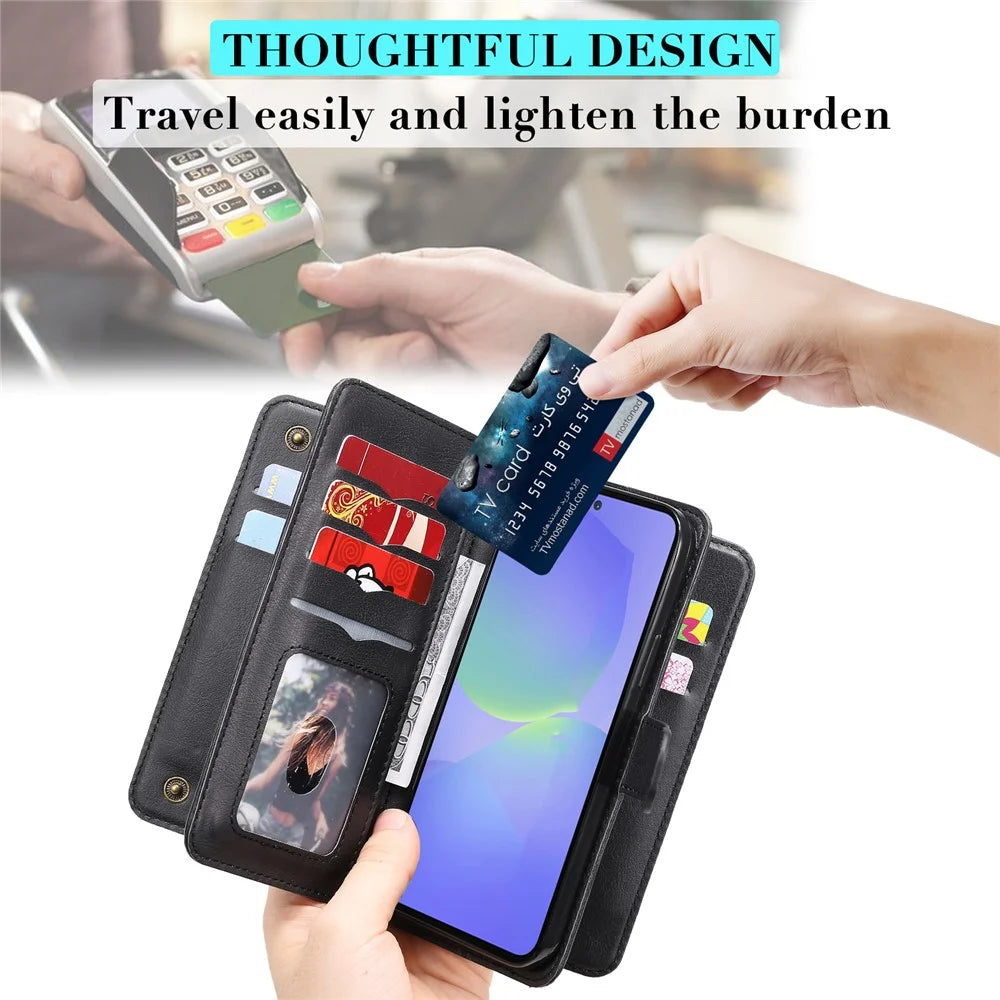 For Samsung Galaxy A36 5G Leather Case with 10 Card Holder Phone Cover Stand - Black - 6