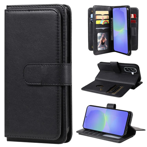 For Samsung Galaxy A56 5G / M56 5G Leather Case with 10 Card Holder Phone Cover Stand - Black - 1