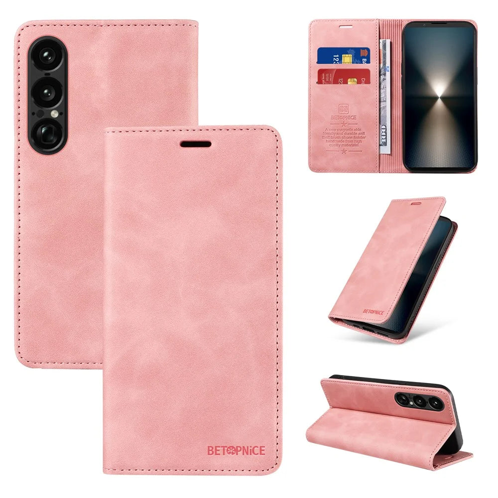 BETOPNICE For Sony Xperia 1 VII Case  Magnetic Closure RFID Blocking Wallet Stand Leather Phone Cover - Pink - 3