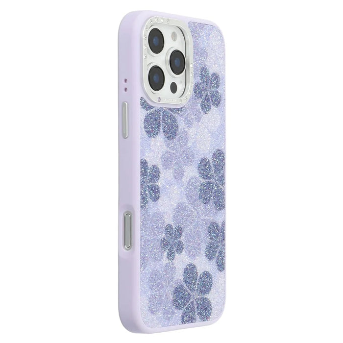 JAUCASE For iPhone 16 Pro Magnetic Case Glitter Flower Pattern PU + TPU + PC Phone Back Cover - Purple - 1