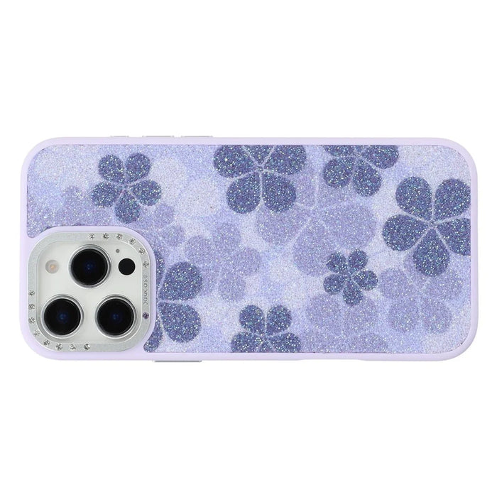 JAUCASE For iPhone 16 Pro Magnetic Case Glitter Flower Pattern PU + TPU + PC Phone Back Cover - Purple - 3