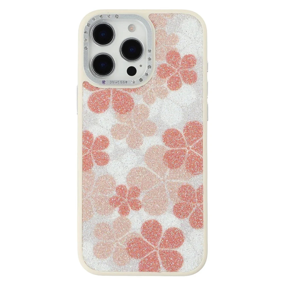 JAUCASE For iPhone 15 Pro Magnetic Case Glitter Flower Pattern PU + TPU + PC Phone Back Cover - White - 1