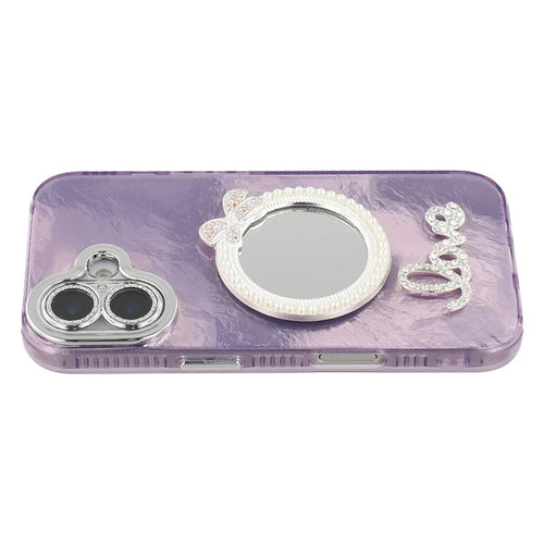For iPhone 16 Case with Mirror IMD PC + TPU Phone Cover with Glass Lens Film - Foil Pattern / Purple - 1