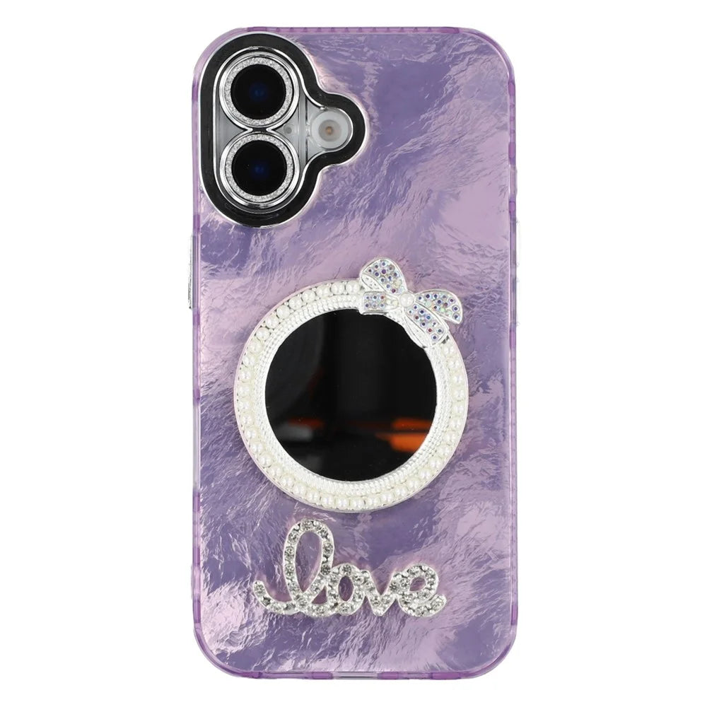 For iPhone 16 Case with Mirror IMD PC + TPU Phone Cover with Glass Lens Film - Foil Pattern / Purple - 3