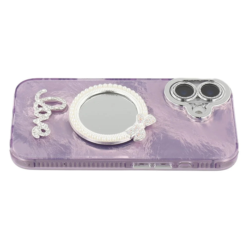 For iPhone 16 Case with Mirror IMD PC + TPU Phone Cover with Glass Lens Film - Foil Pattern / Purple - 4