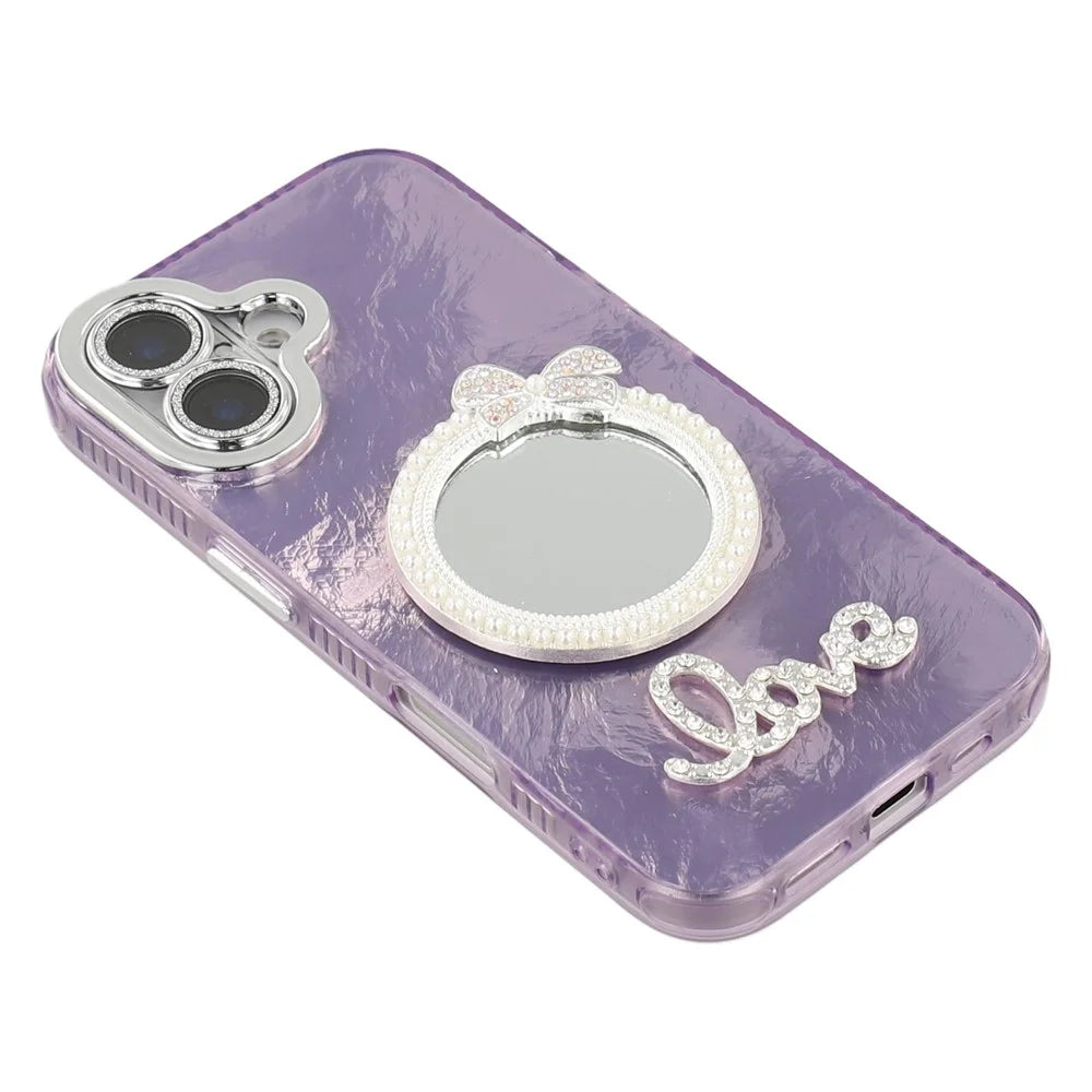 For iPhone 16 Case with Mirror IMD PC + TPU Phone Cover with Glass Lens Film - Foil Pattern / Purple - 5