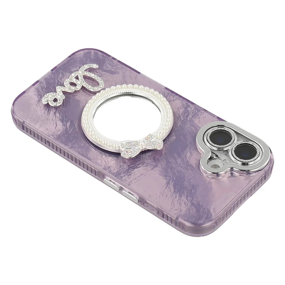 For iPhone 16 Case with Mirror IMD PC + TPU Phone Cover with Glass Lens Film - Foil Pattern / Purple - 6