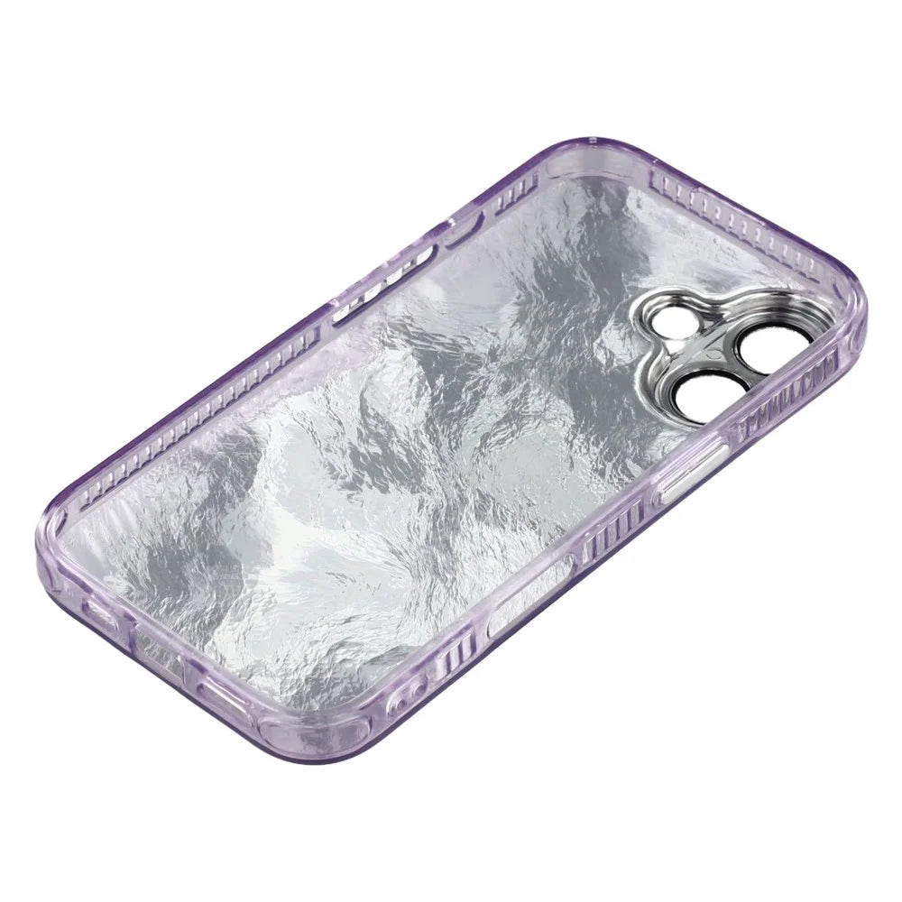 For iPhone 16 Case with Mirror IMD PC + TPU Phone Cover with Glass Lens Film - Foil Pattern / Purple - 7