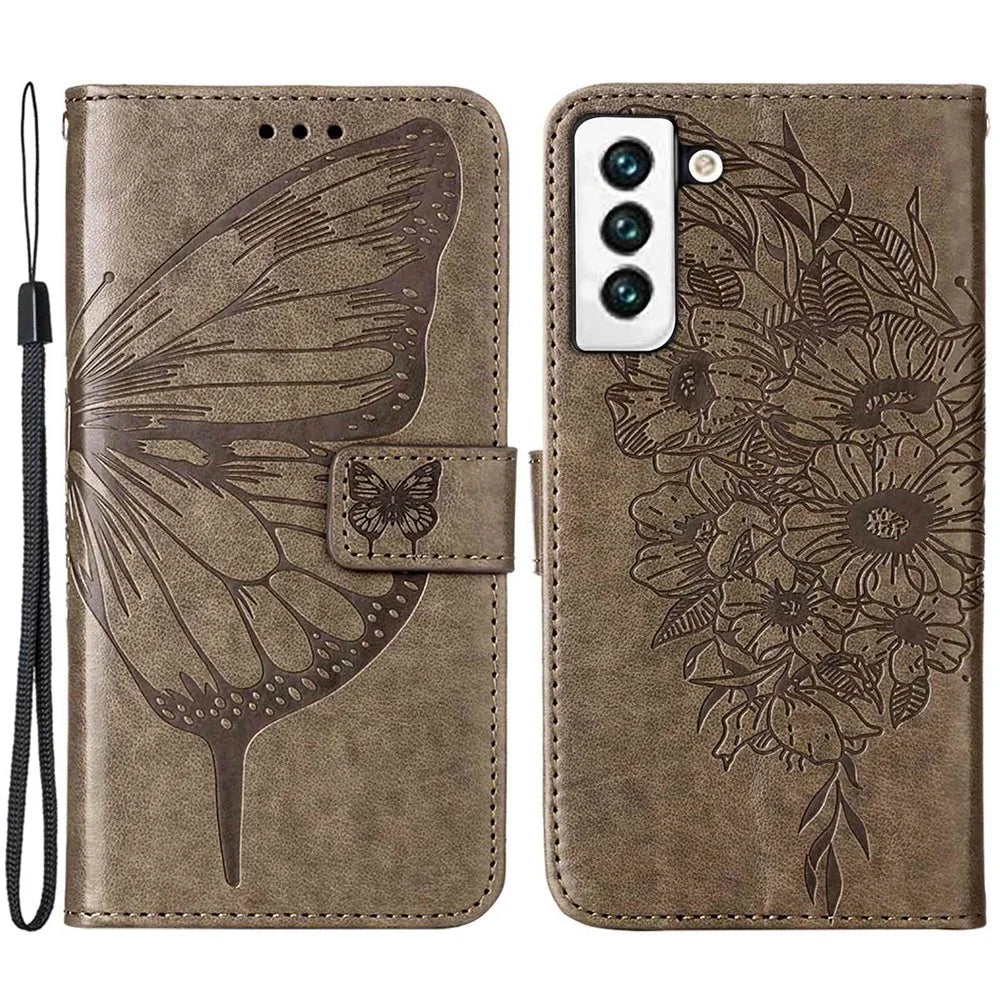 For Samsung Galaxy S23 Wallet Case with Wrist Strap Butterfly Imprint Leather Phone Cover - Grey - 1