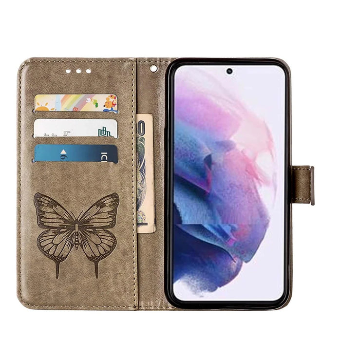 For Samsung Galaxy S23 Wallet Case with Wrist Strap Butterfly Imprint Leather Phone Cover - Grey - 2