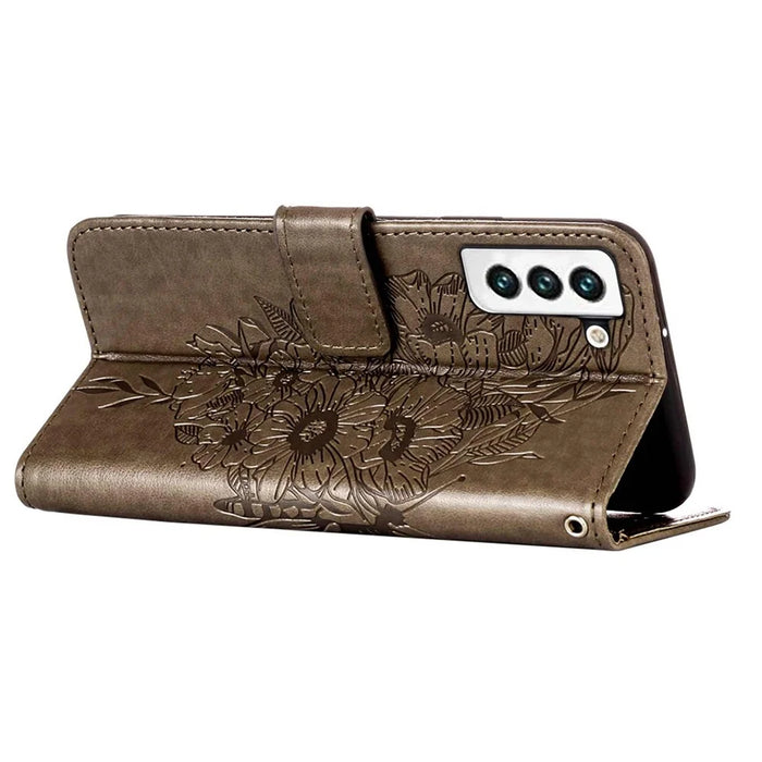 For Samsung Galaxy S23 Wallet Case with Wrist Strap Butterfly Imprint Leather Phone Cover - Grey - 4