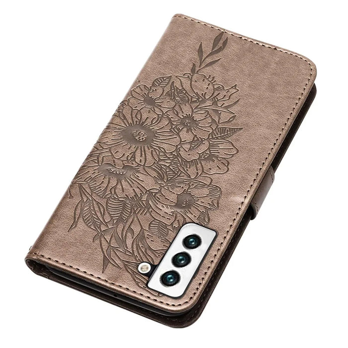 For Samsung Galaxy S23 Wallet Case with Wrist Strap Butterfly Imprint Leather Phone Cover - Grey - 5