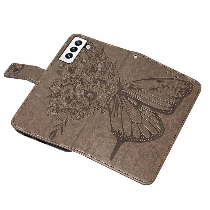 For Samsung Galaxy S23 Wallet Case with Wrist Strap Butterfly Imprint Leather Phone Cover - Grey - 6