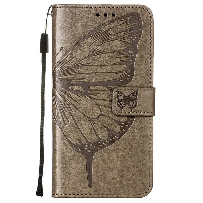 For Samsung Galaxy S23 Wallet Case with Wrist Strap Butterfly Imprint Leather Phone Cover - Grey - 7