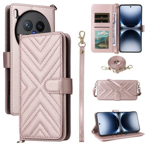 For vivo X200 Ultra 5G Case with Shoulder / Wrist Strap Leather Phone Cover Stand Wallet - Pink - 1