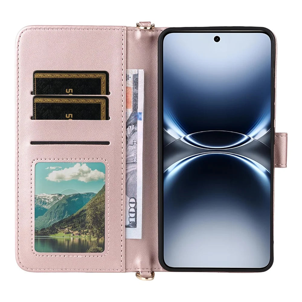 For vivo X200 Ultra 5G Case with Shoulder / Wrist Strap Leather Phone Cover Stand Wallet - Pink - 4