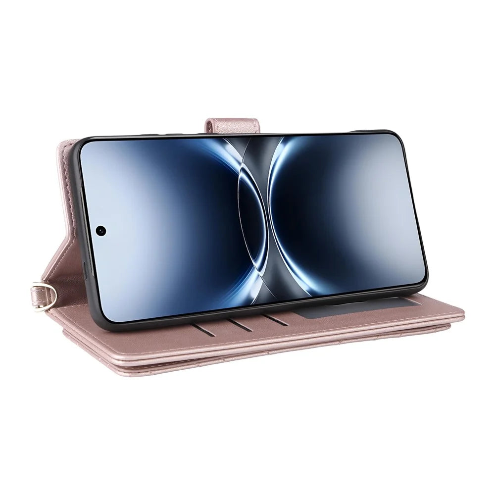 For vivo X200 Ultra 5G Case with Shoulder / Wrist Strap Leather Phone Cover Stand Wallet - Pink - 5
