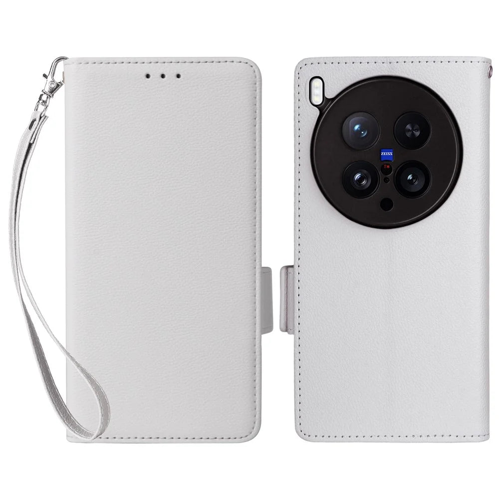 For vivo X200 Ultra 5G Case with Wrist Strap Litchi Texture PU Leather Wallet Phone Cover - White - 1