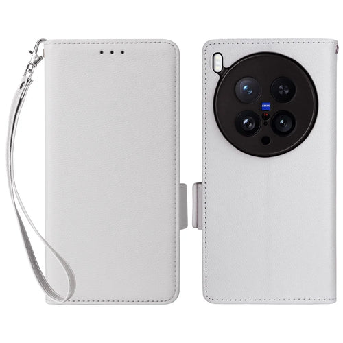 For vivo X200 Ultra 5G Case with Wrist Strap Litchi Texture PU Leather Wallet Phone Cover - White - 1