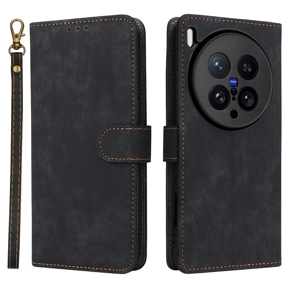 For vivo X200 Ultra 5G Case Wallet RFID Blocking PU Leather Phone Cover Stand with Strap - Black - 1