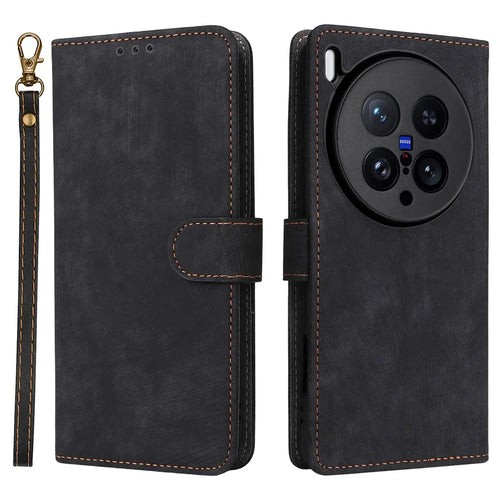 For vivo X200 Ultra 5G Case Wallet RFID Blocking PU Leather Phone Cover Stand with Strap - Black - 1