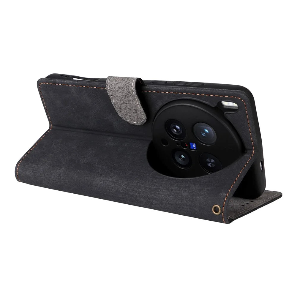 For vivo X200 Ultra 5G Case Wallet RFID Blocking PU Leather Phone Cover Stand with Strap - Black - 5