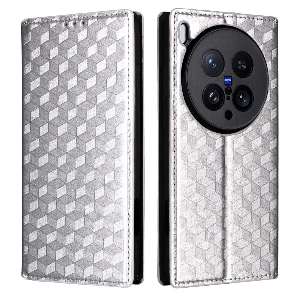 For vivo X200 Ultra 5G Case Wallet Rhombus Imprinted Leather Phone Cover - Silver - 1