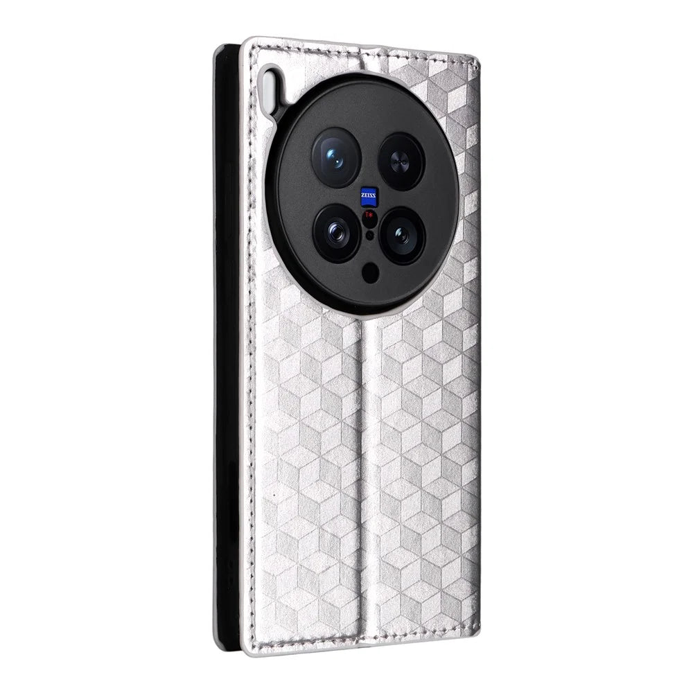 For vivo X200 Ultra 5G Case Wallet Rhombus Imprinted Leather Phone Cover - Silver - 7