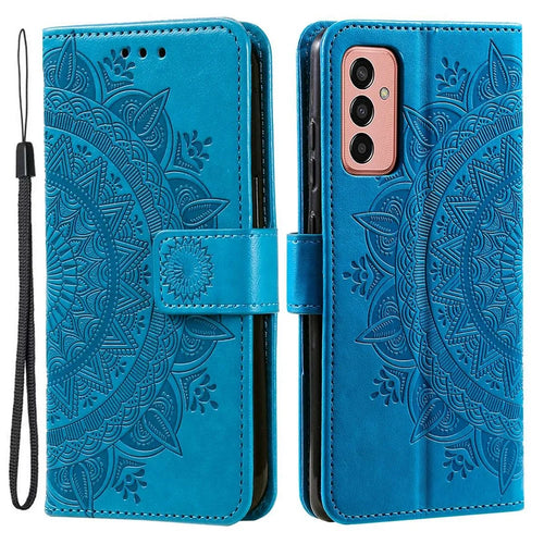For Samsung Galaxy A14 5G / A14 4G PU Leather Shell, Imprinted Mandala Flower Pattern Wallet Case Stand Cover - Blue - 1