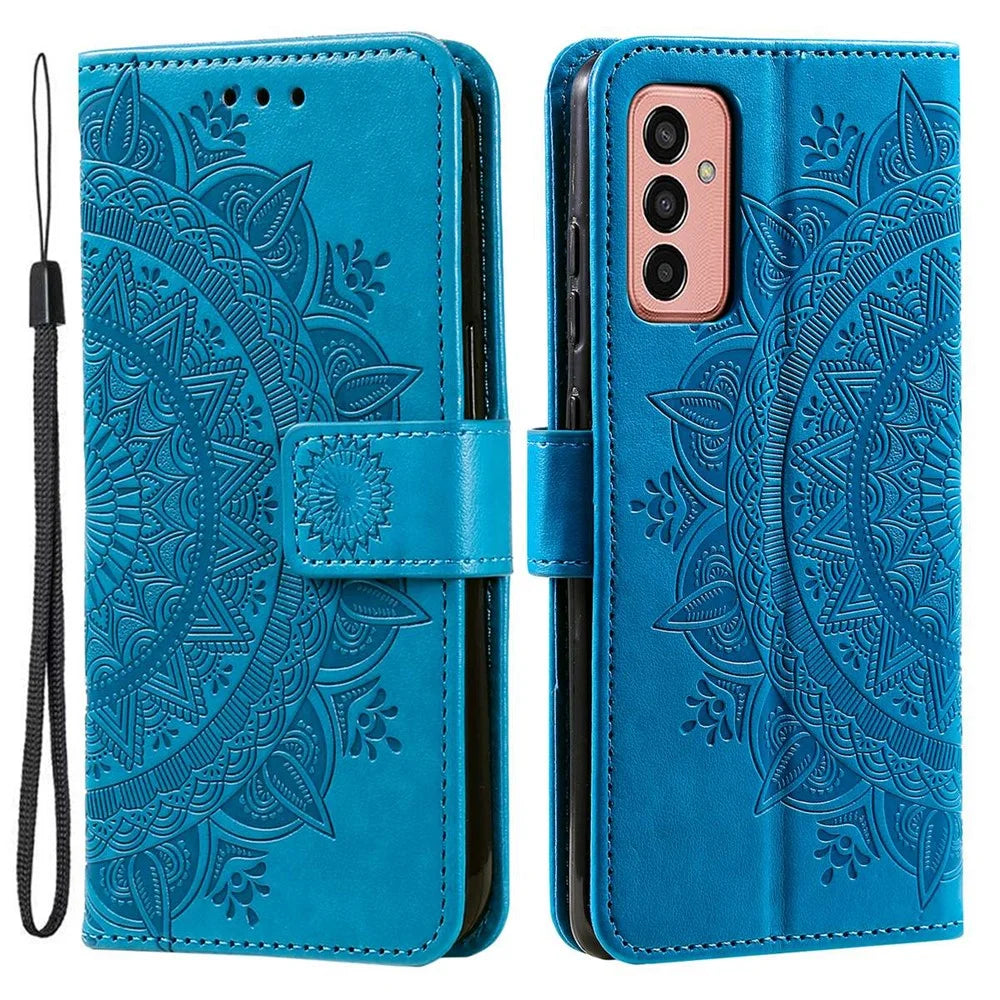 For Samsung Galaxy A14 5G / A14 4G PU Leather Shell, Imprinted Mandala Flower Pattern Wallet Case Stand Cover - Blue - 1