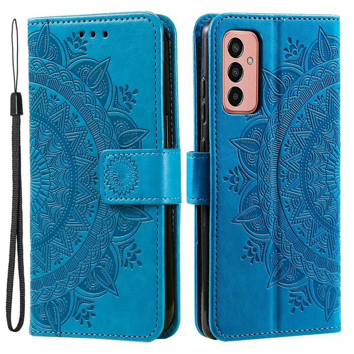 For Samsung Galaxy A14 5G / A14 4G PU Leather Shell, Imprinted Mandala Flower Pattern Wallet Case Stand Cover - Blue - 1