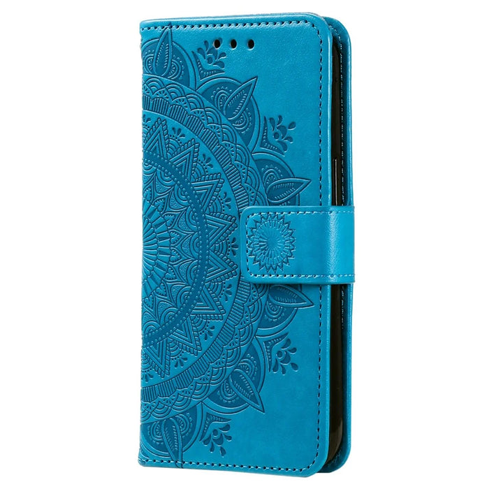 For Samsung Galaxy A14 5G / A14 4G PU Leather Shell, Imprinted Mandala Flower Pattern Wallet Case Stand Cover - Blue - 5