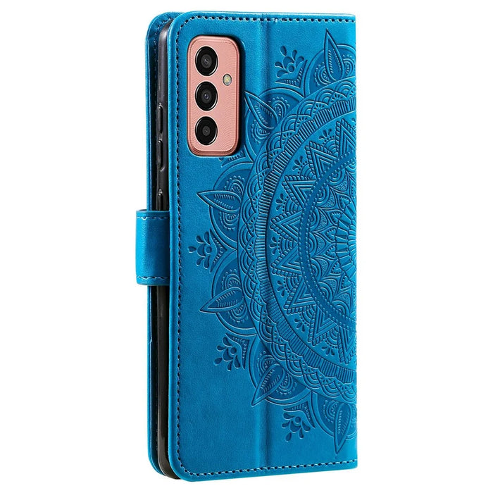 For Samsung Galaxy A14 5G / A14 4G PU Leather Shell, Imprinted Mandala Flower Pattern Wallet Case Stand Cover - Blue - 6