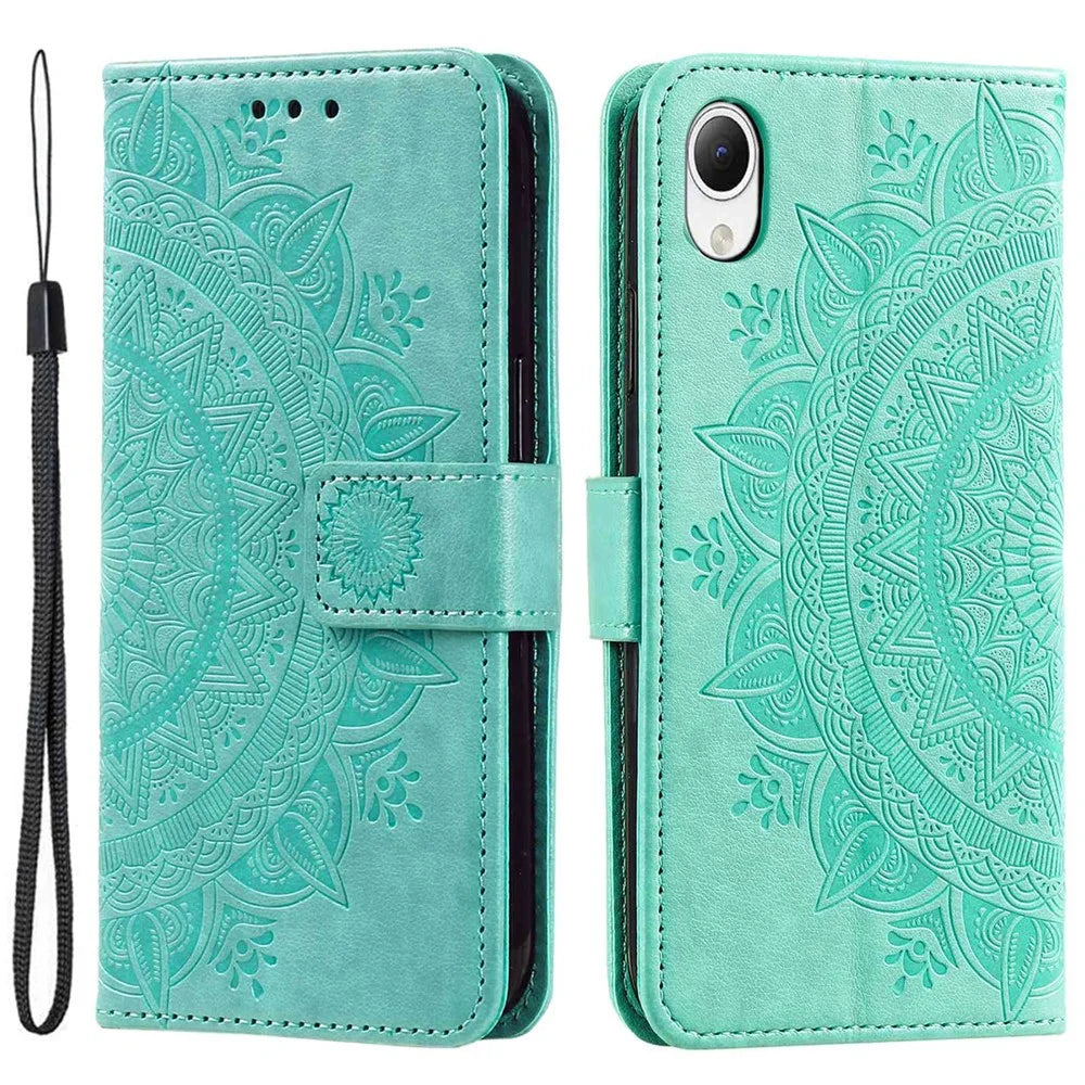 For Samsung Galaxy A23s / A23e Drop Protection PU Leather Case Mandala Flower Pattern Imprinted Wallet Stand Magnetic Flip Phone Cover - Green - 1