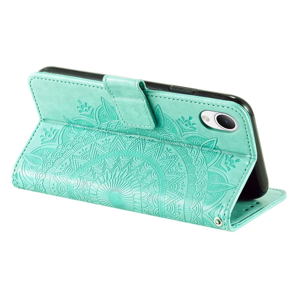 For Samsung Galaxy A23s / A23e Drop Protection PU Leather Case Mandala Flower Pattern Imprinted Wallet Stand Magnetic Flip Phone Cover - Green - 4