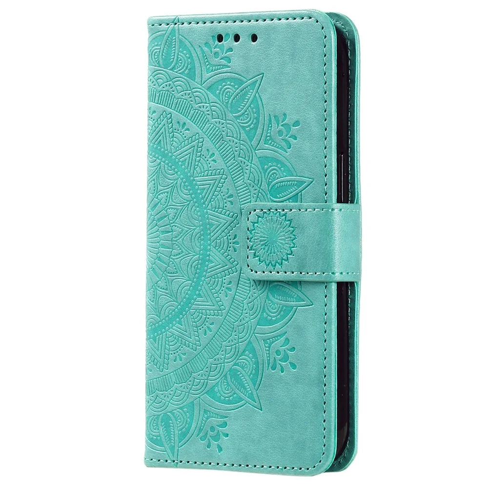 For Samsung Galaxy A23s / A23e Drop Protection PU Leather Case Mandala Flower Pattern Imprinted Wallet Stand Magnetic Flip Phone Cover - Green - 5