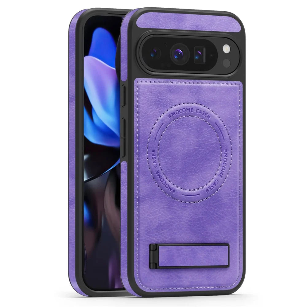 For Google Pixel 9 Pro XL Magnetic Case with Folded Kickstand PC Silicone Leather Phone Back Cover - Light Purple - 1